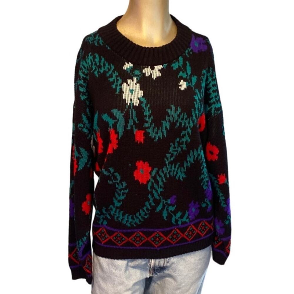 Vtg 80s Nan Dorsey Floral Knit Sweater Black Slub Red Purple Grandmacore M USA